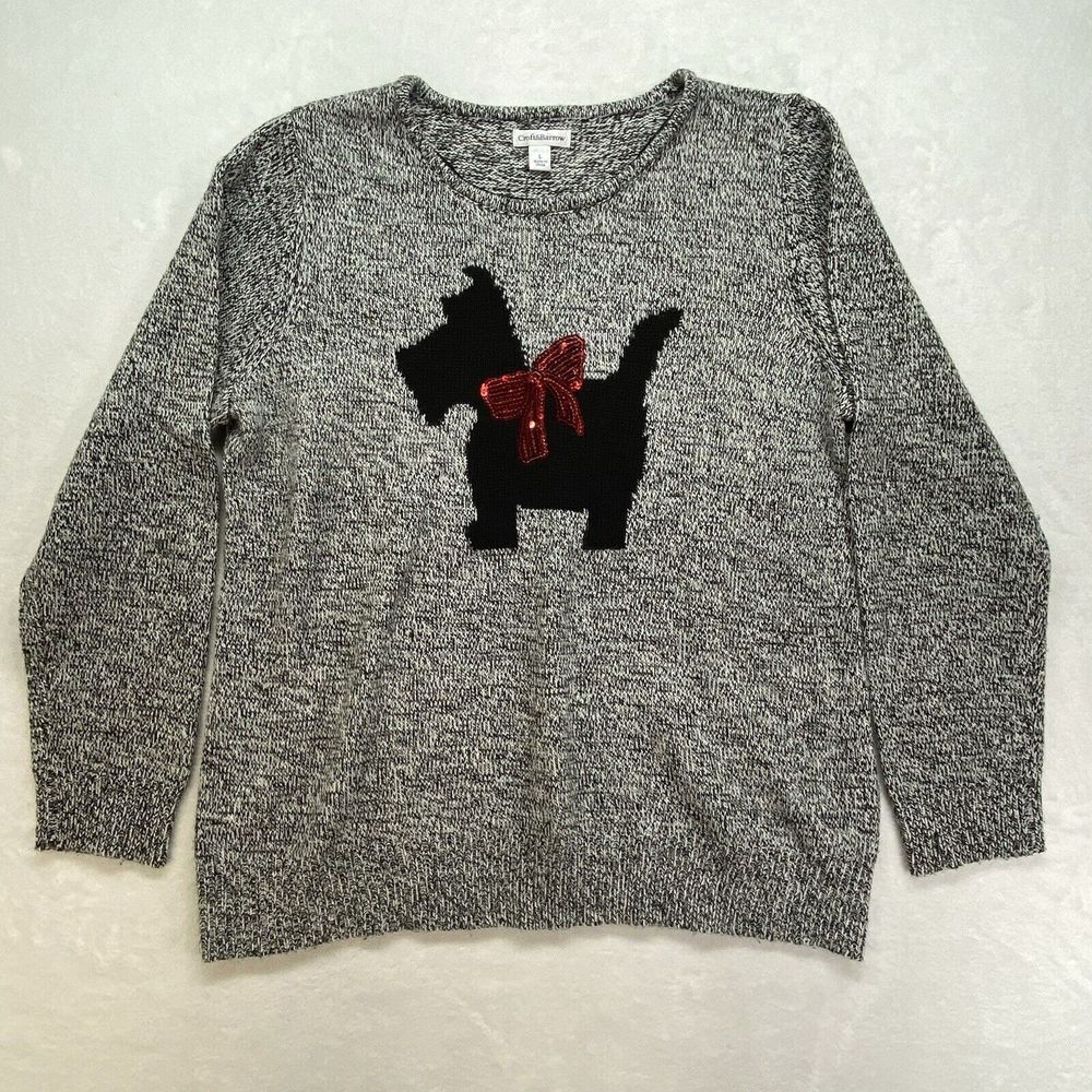 Croft & Barrow Sweater Women's Large‎ Long Sleeve Pullover Black/White dog bow